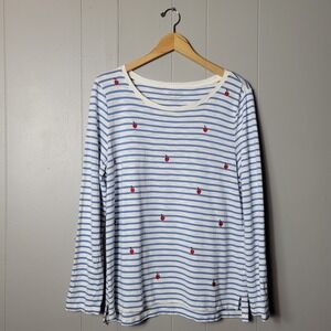 TALBOTS BLUE WHITE STRIPED SLUB KNIT LONG SLEEVE EMBROIDERED APPLES WOMENS LARGE